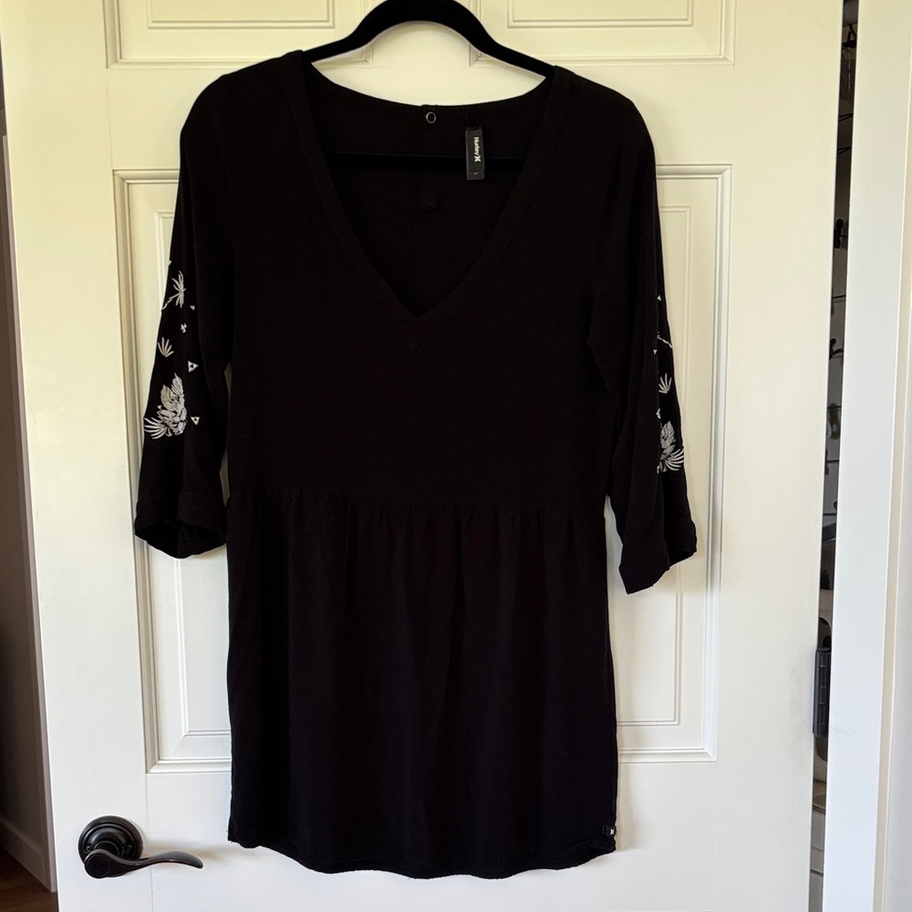 Hurley Black V-Neck Midi Dress with White Embroidered Sleeves